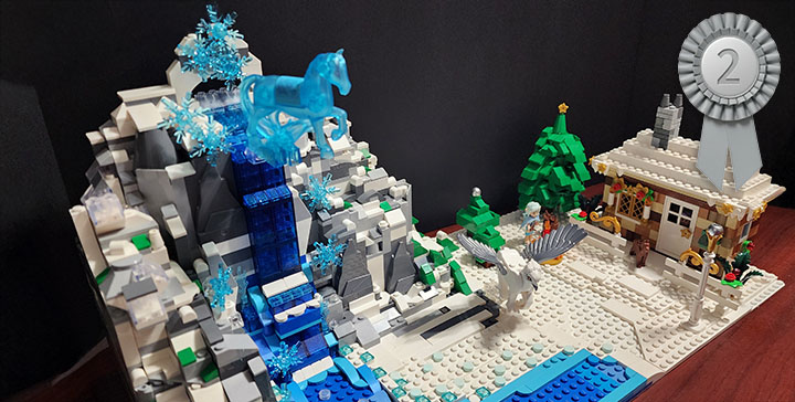 mountain and waterfall built out of lego with 2nd place ribbon