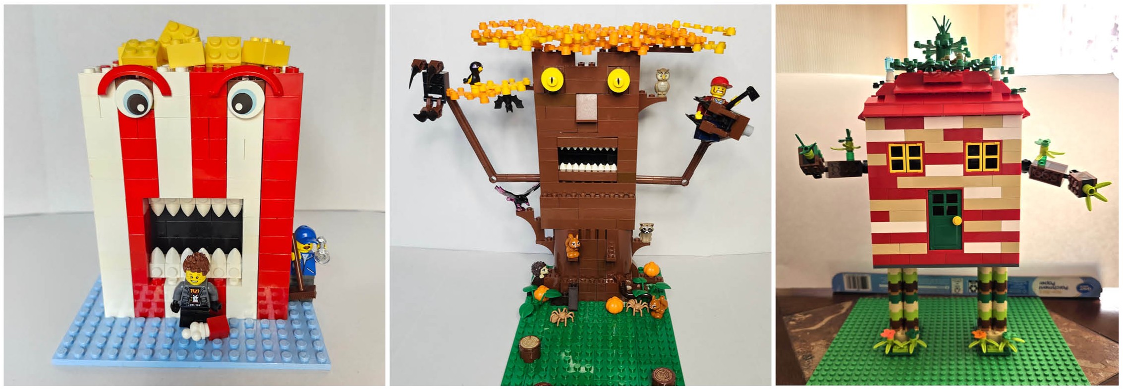 3 lego builds, on the left a monster popcorn bucket, center a monster tree, left a walking house