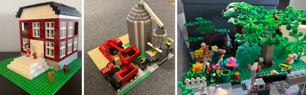 3 lego builds: brick courthouse (left), farm scene (center), arboretum scene (right)